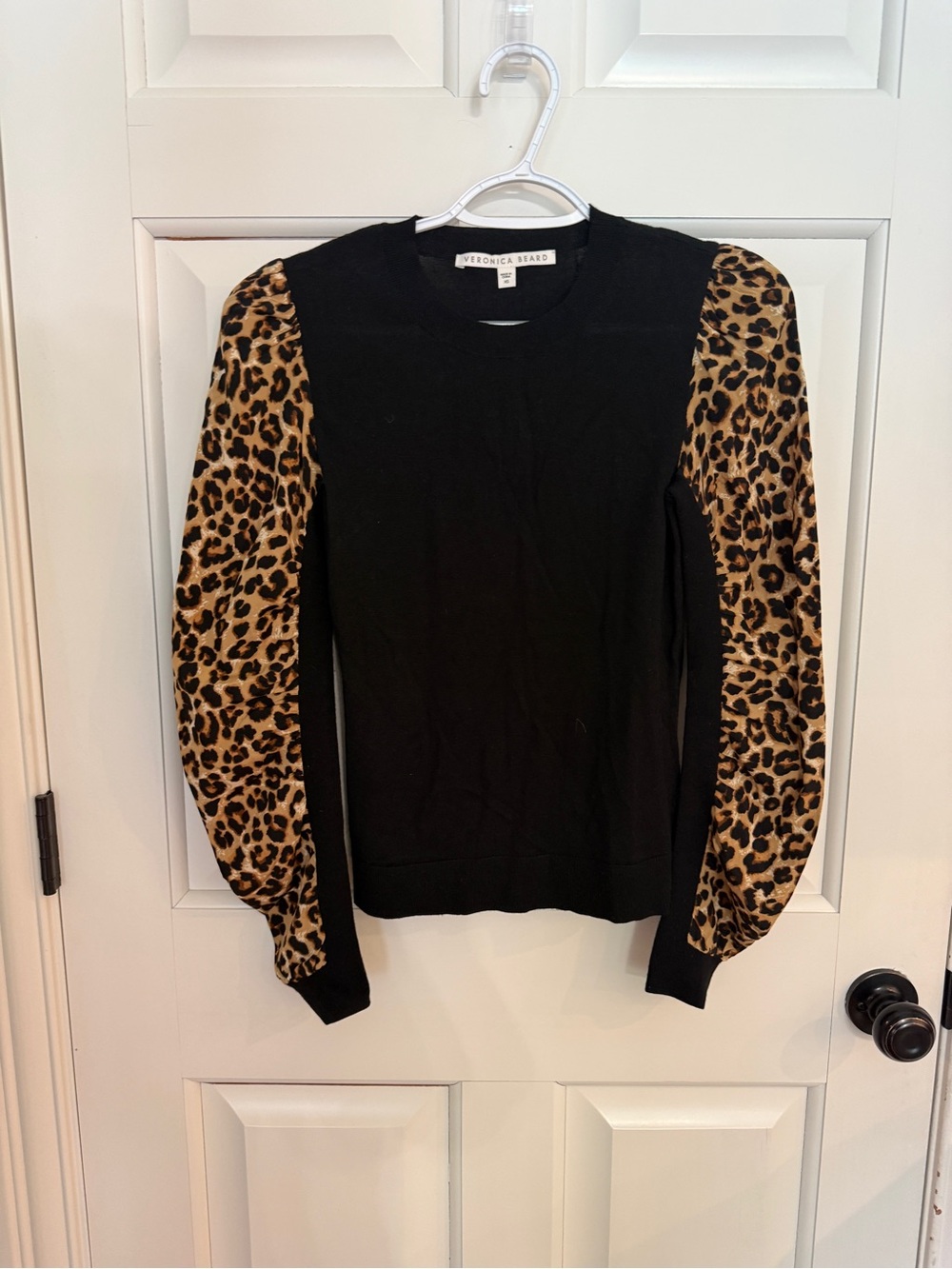 Veronica Beard Black Merino Wool Sweater Leopard Print Puff Sleeve 25601 - Picture 6 of 10